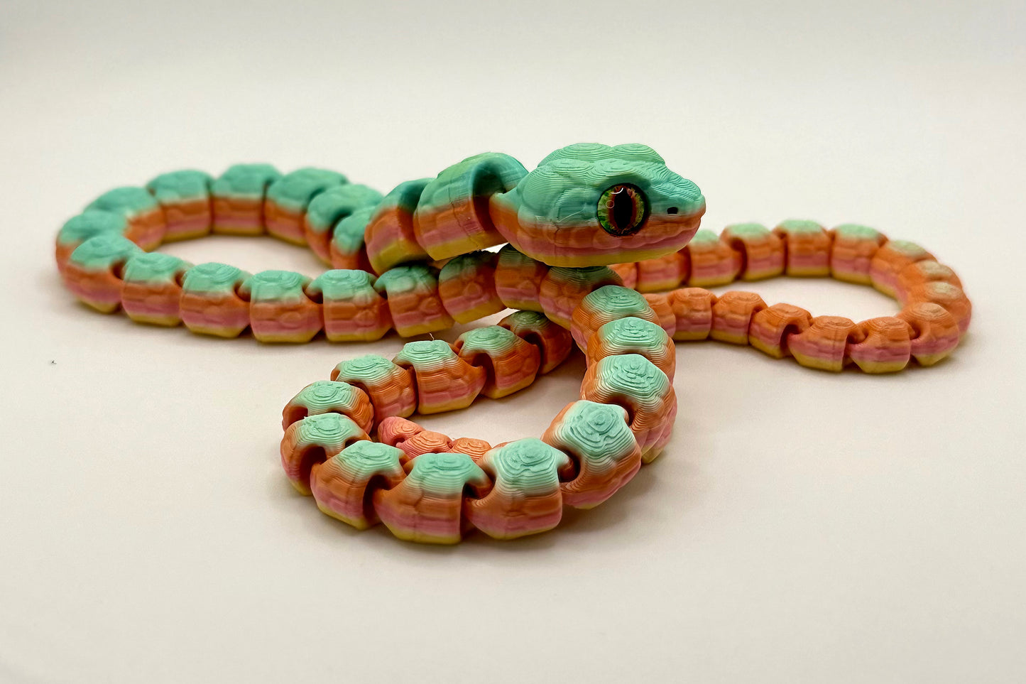 Flexi snake toy 3D printed from PLA